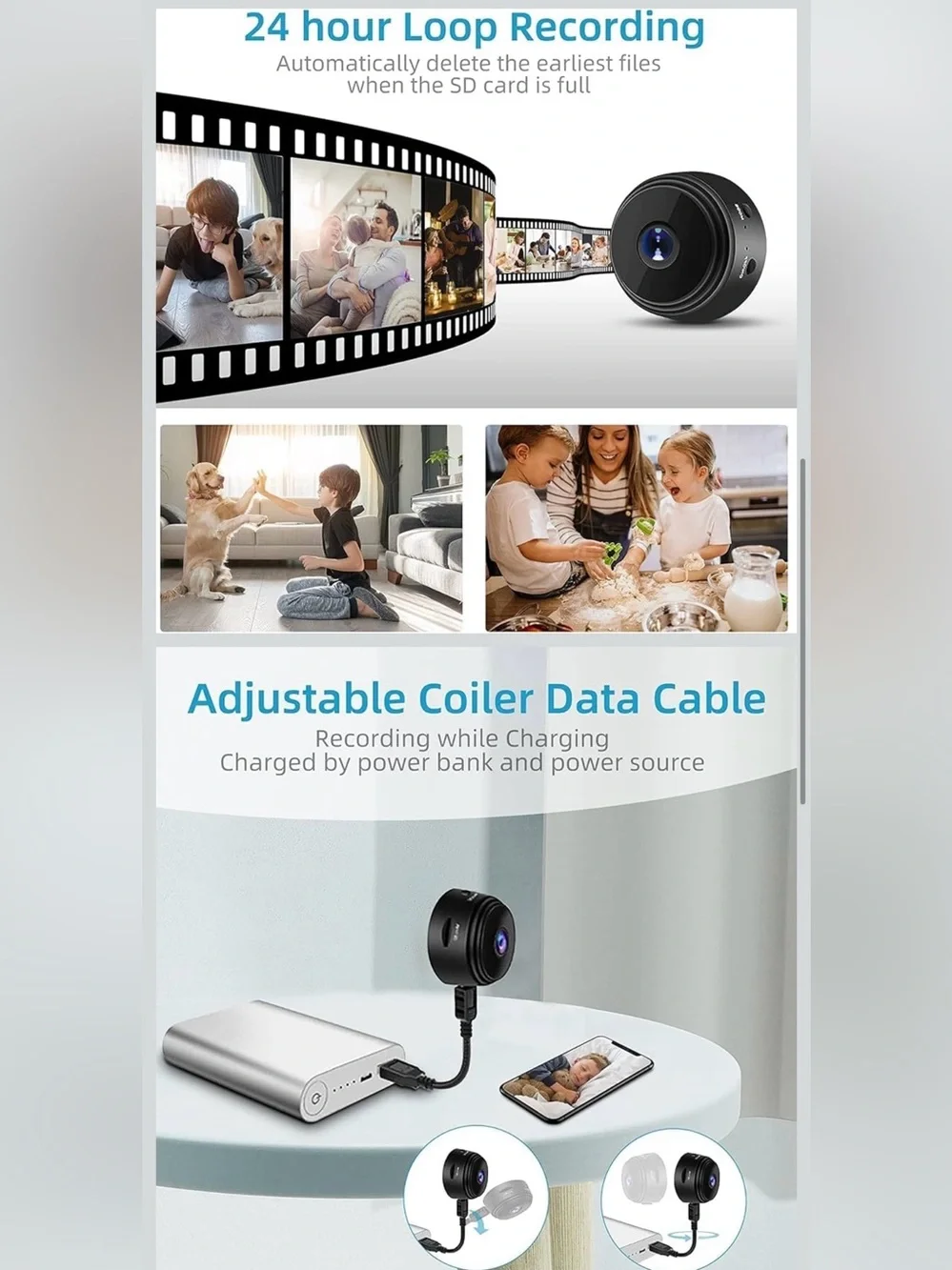 Compact Black WiFi Security Camera with USB Cable